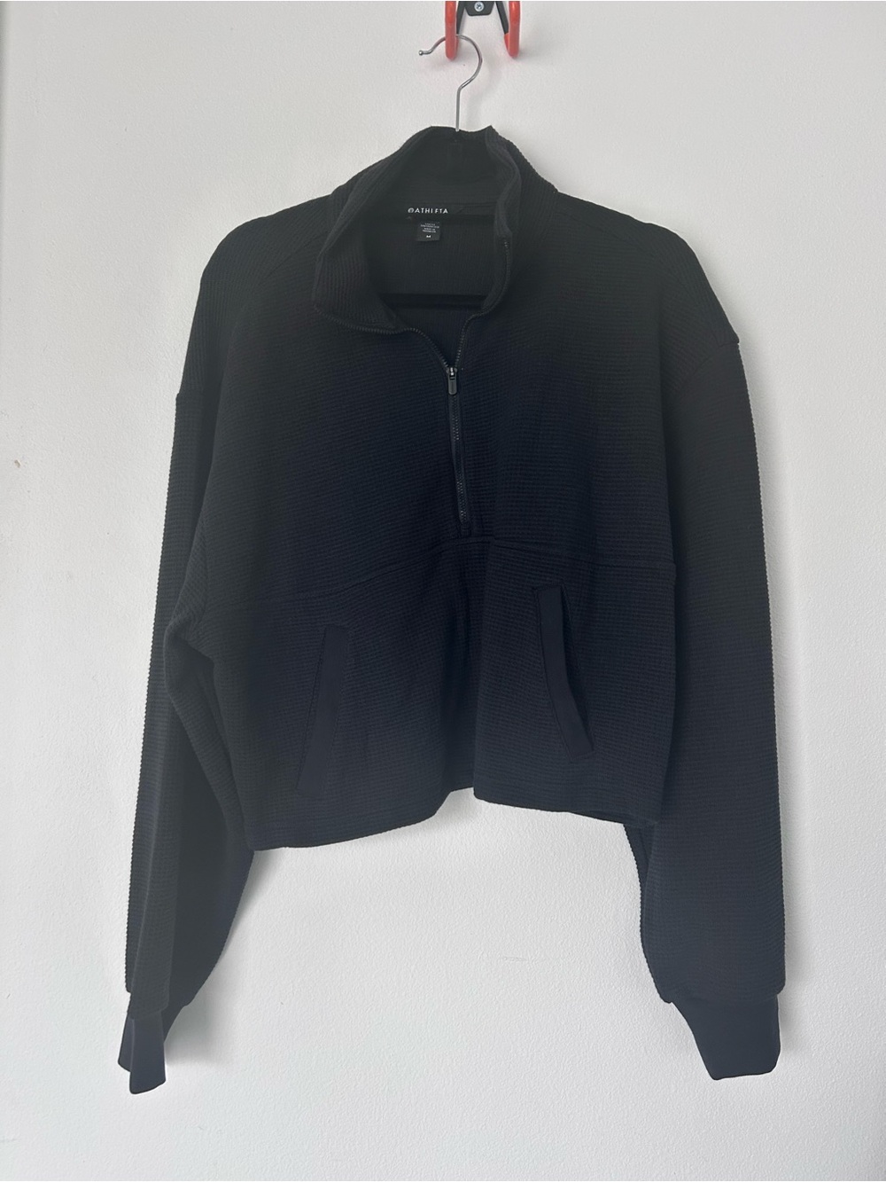 NWOT Athleta Tranquil Waffle Knit Black Half-Zip Sweatshirt Size M
